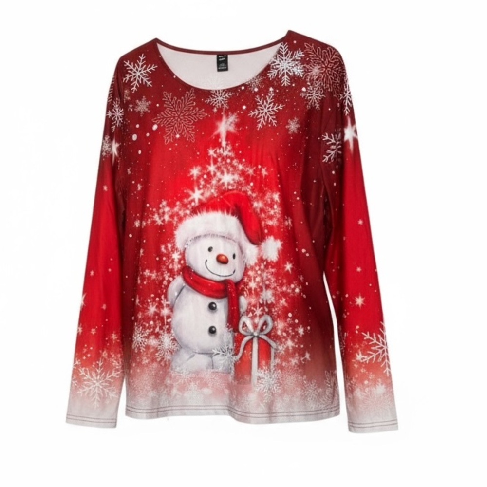 SHEIN Curve Red Snowman Christmas Top 1XL Long Sleeve Holiday Graphic Shirt